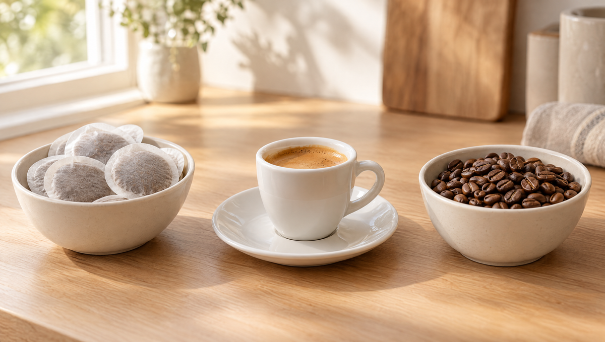 Un cuenco con monodosis ESE, una taza de espresso y un cuenco con café en grano sobre una encimera de roble