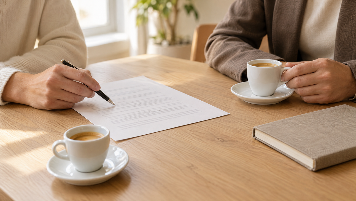 Dos personas revisan una propuesta sobre una mesa de roble, con dos tazas de espresso