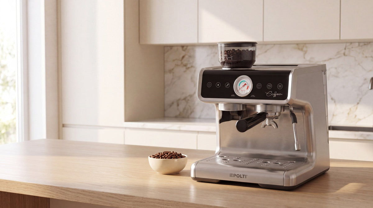 Polti Coffea G50S con manómetro en una cocina de oficina