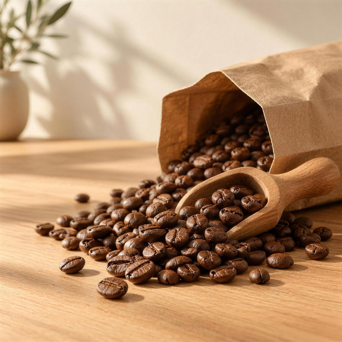 Café en grano de origen saliendo de una bolsa kraft