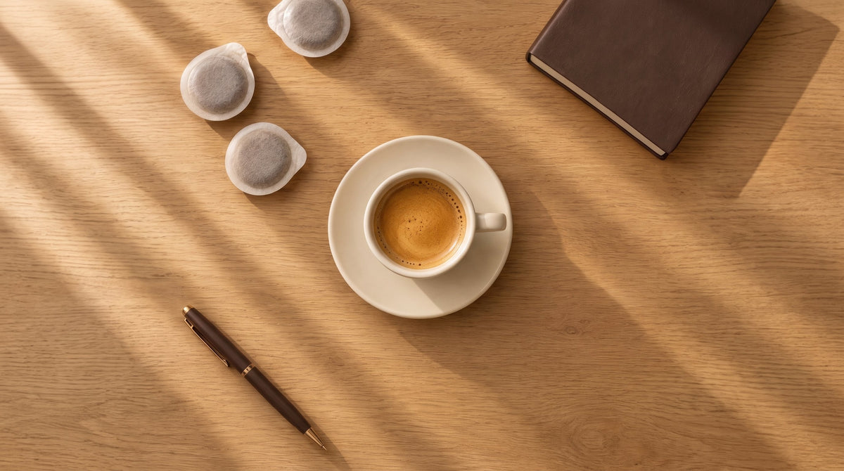 Monodosis ESE y espresso sobre una mesa de madera