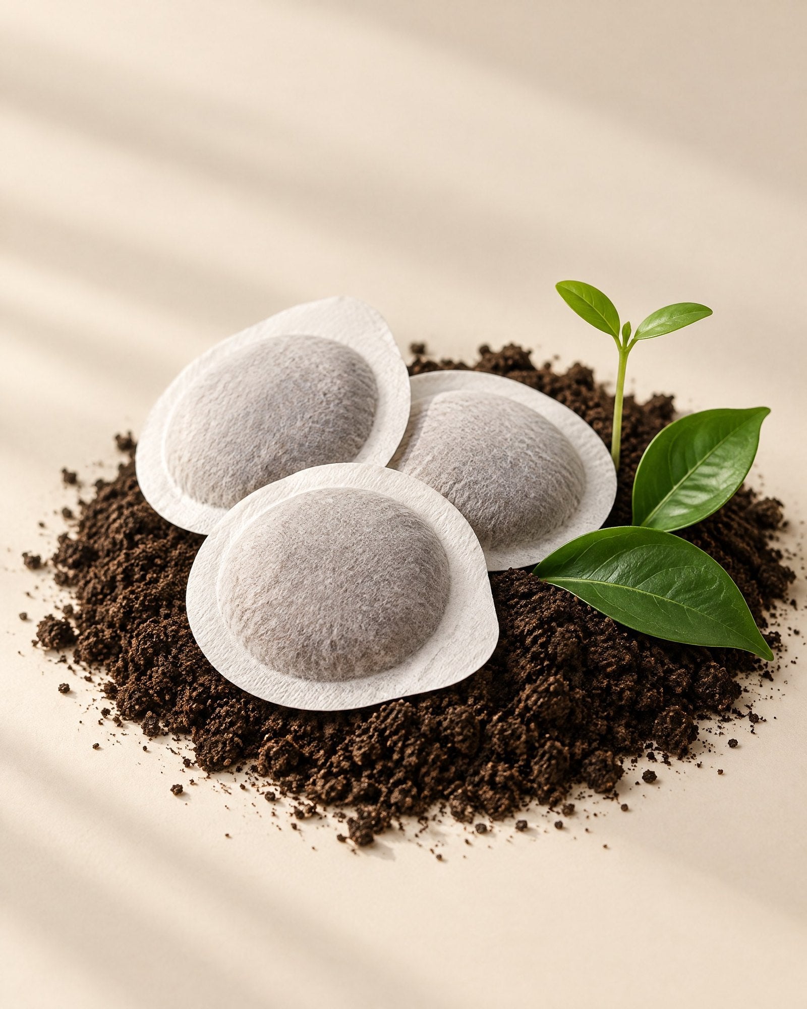 Monodosis ESE compostables sobre tierra con hojas