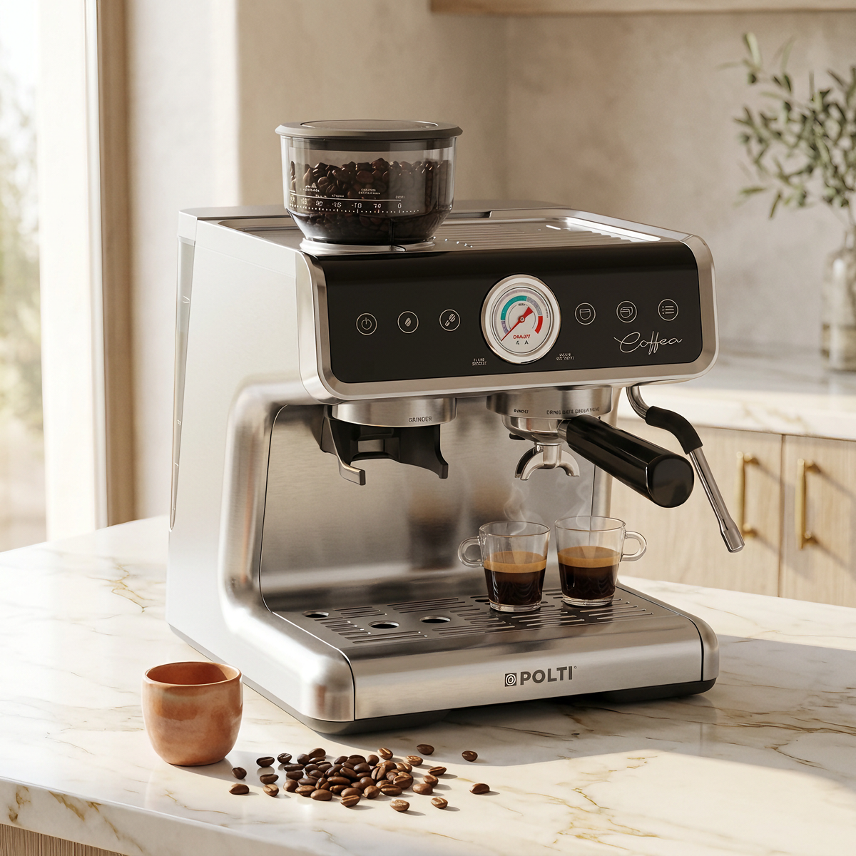 Polti Coffea G50S sobre una encimera de mármol en una cocina, preparando dos espressos