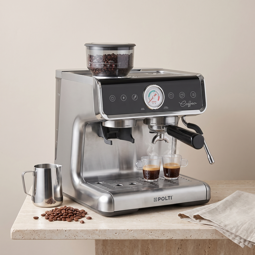Polti Coffea G50S junto a granos de café de especialidad y una jarra de leche de acero