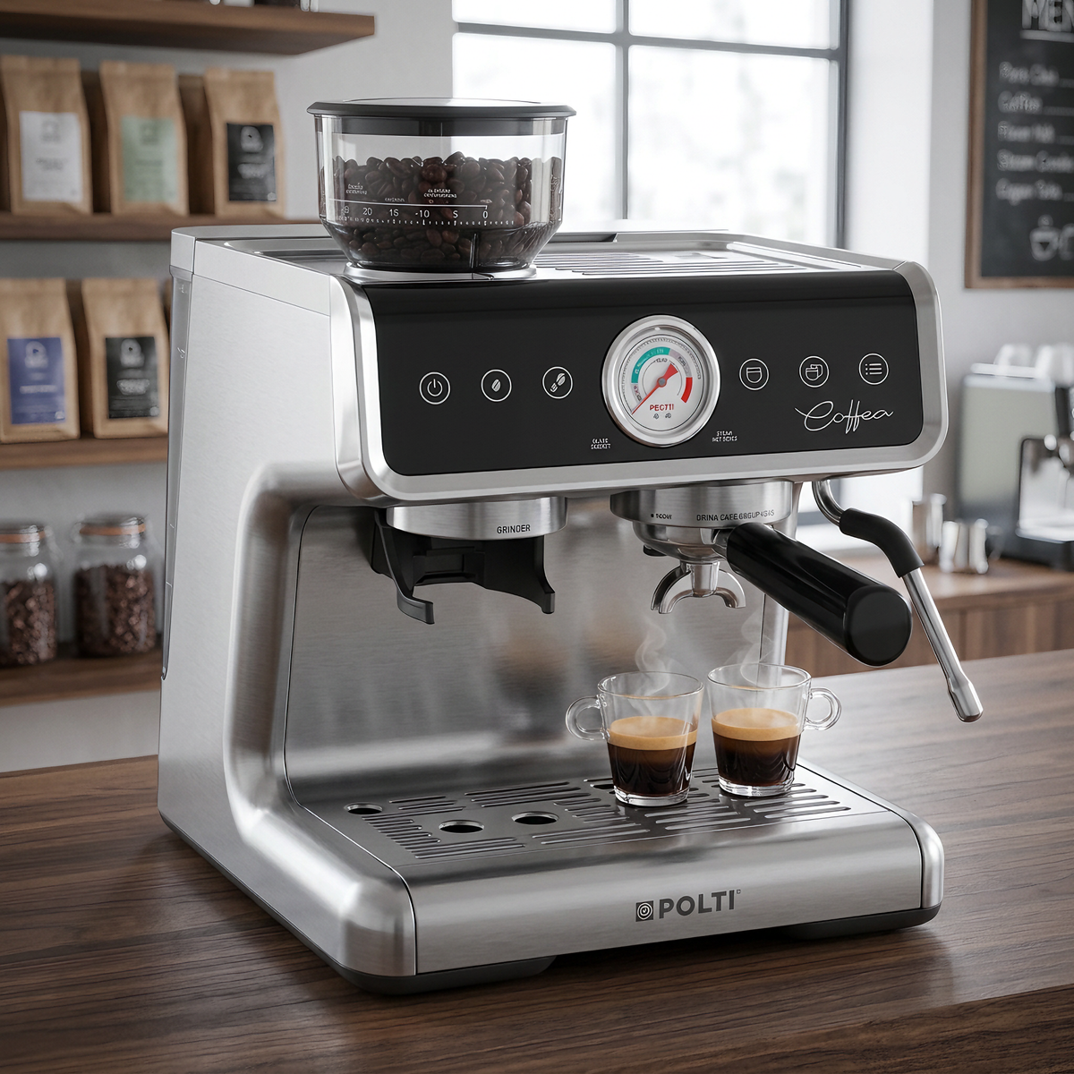 Polti Coffea G50S en la barra de una cafetería de especialidad con dos espressos recién extraídos