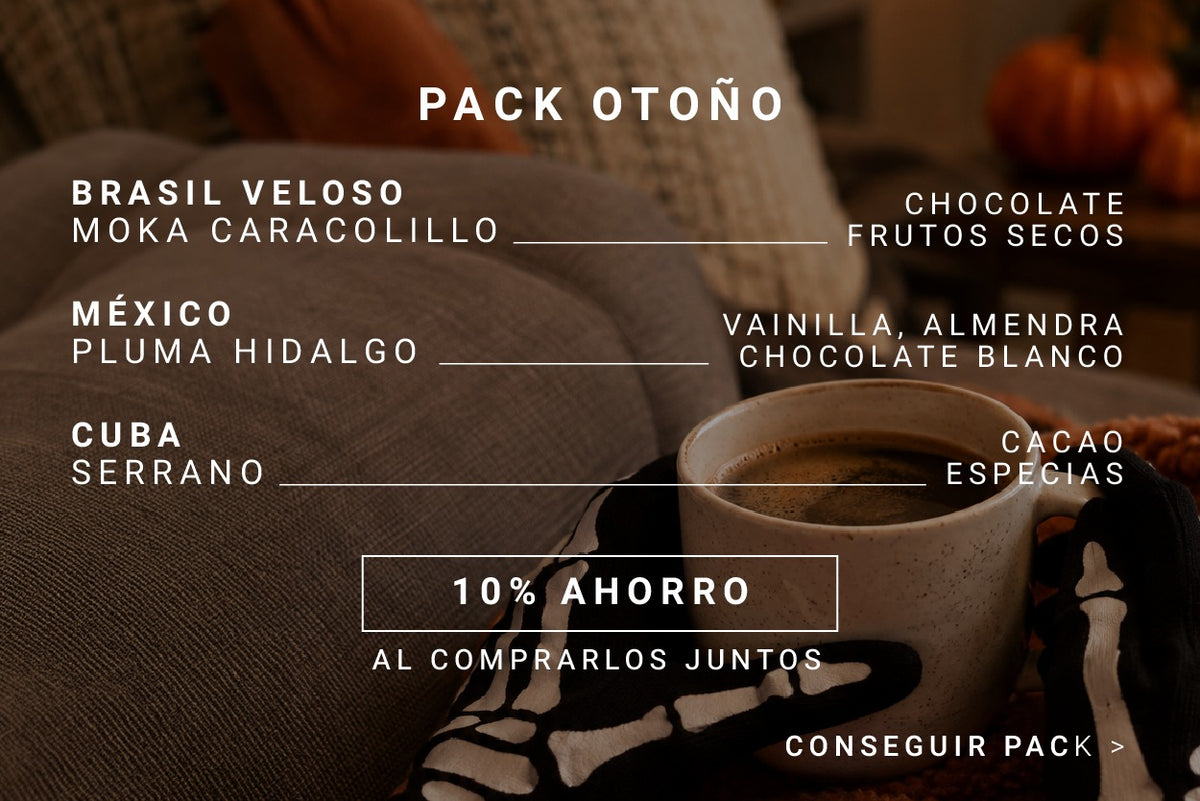 Pack Otoño: 3 cafés de origen en grano con un 10% de ahorro. Ver pack